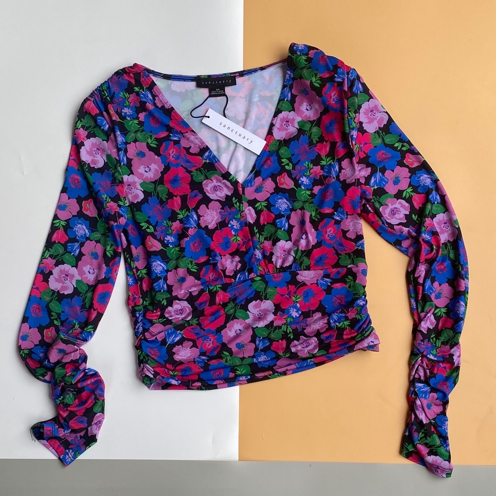 Sanctuary Vibrant Floral V-Neck Blouse with Ruched Sleeves and Shoulder Pads